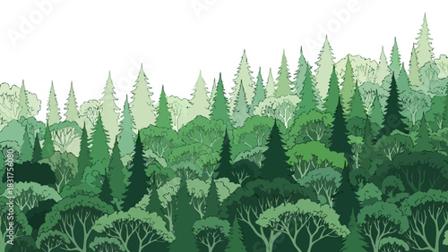 A lush, diverse forest canopy with varying shades of green trees stretching across the horizon under a clear white sky, evoking a sense of natural tranquility and environmental beauty