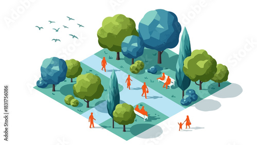 Vibrant isometric illustration of an urban park, showing people walking, jogging, and relaxing among green trees and paths, symbolizing active outdoor community life