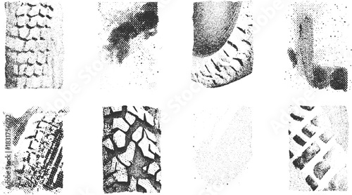 Eight black and white abstract tire tread patterns and textures created with halftones and dots background