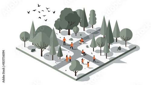 Stylized isometric illustration of an urban park scene with diverse people enjoying outdoor leisure activities