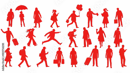 Silhouetted Crowd of People in Red Walking and Standing