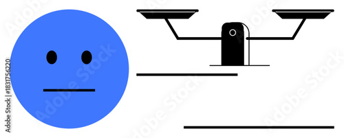 Blue face with neutral expression beside balanced scale, symbolizing emotion harmony, impartiality, rationality. Ideal for mental health, law, justice, equality, mindfulness balance simple flat