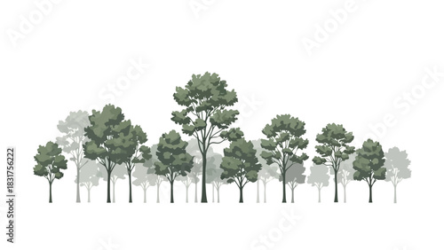 A scenic panorama of a diverse forest treeline with layered green and gray trees in a minimalist vector style
