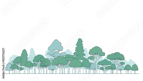 Illustration of a line of trees with various shapes and shades of green against a white background