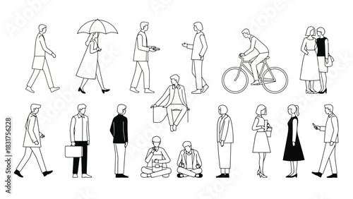 Diverse People in Line Art Walking, Sitting, Cycling, and More