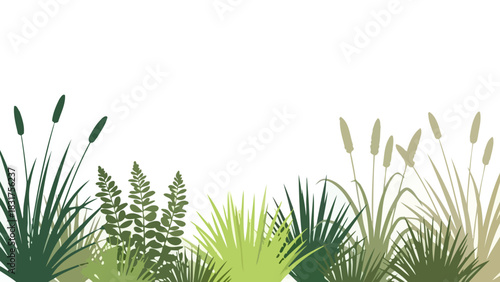 A vector illustration of lush green wild grasses, reeds, and cattails forming a natural landscape border on a white background
