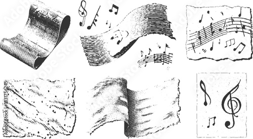 Black and white musical notes and sheet music elements with textured paper treble