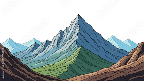 Abstract mountain landscape with a majestic peak, colorful slopes, and deep valleys, rendered in a striking illustrative style for nature and outdoor themes
