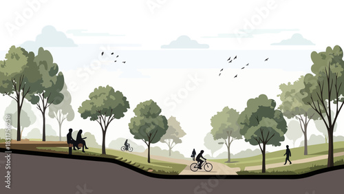 Cross-section illustration of a park with people cycling and walking on paths beneath trees