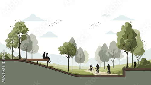 Illustrative cross-section of a modern urban park design featuring recreational paths for cyclists and pedestrians amidst green landscapes and trees