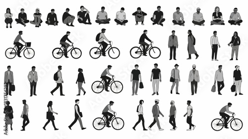 Collection of People Silhouettes in Various Activities Cycling, Walking, Sitting, and More