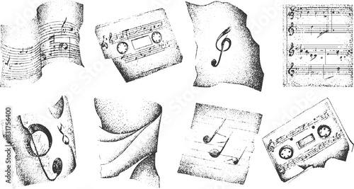 Collection of vintage music notes and cassette tapes in stippled black and white sheet