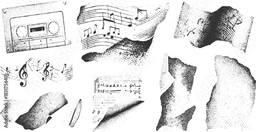 Vintage cassette tape and torn sheet music with musical notes and stippled textures vector