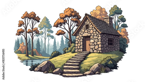 Charming stone cabin nestled in a serene forest landscape with a flowing river and autumn trees