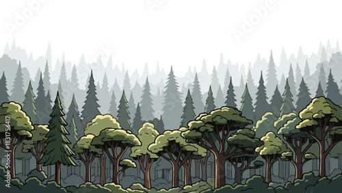 Serene Forest Landscape Depicting Evergreen and Deciduous Trees with Misty Backdrop