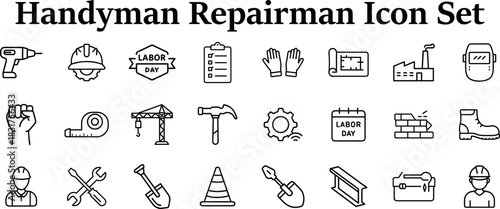 Collection of handyman and repairman icons featuring various tools and equipment for home maintenance and improvement projects