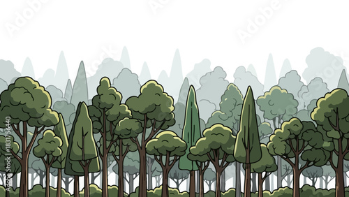 Lush illustrated cartoon forest panorama with a diverse collection of trees under a hazy sky, depicting tranquil natural beauty and a healthy ecosystem in a vibrant green landscape