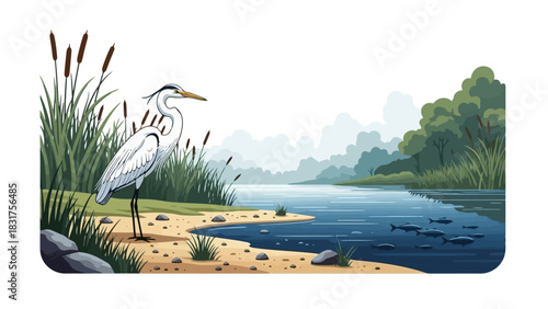 A Majestic Heron Stands Gracefully by a Serene Lake Amidst Lush Greenery