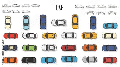 A diverse collection of colorful car illustrations seen from a top-down aerial perspective, forming a vibrant vehicle pattern