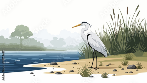 Egret at the lakeside A serene scene of nature in a tranquil waterside environment