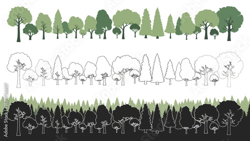 Vector illustrations set of diverse trees in various shades of green, outlines, and black silhouettes for forest and nature design projects