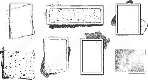 Collection of eight black and white grunge textured frames and borders with distressed edges and speckled fills