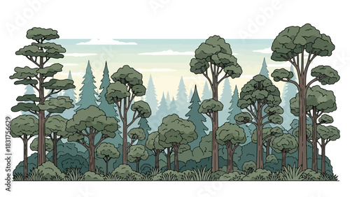 Panoramic hand-drawn illustration capturing the serene beauty of a diverse forest, featuring a rich tapestry of trees and lush green undergrowth thriving in a peaceful natural habitat