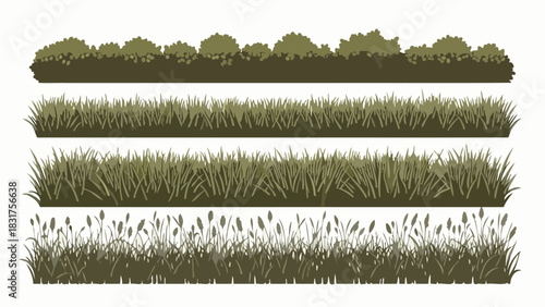 Various Types of Grass and Bush Illustrations for Environmental and Decorative Design