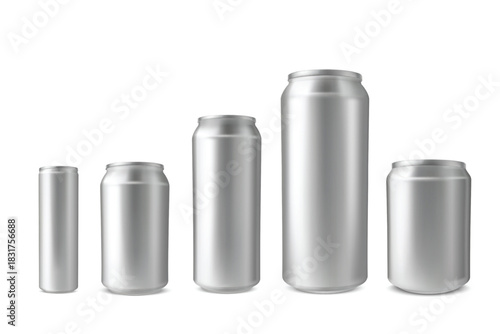 A set of realistic aluminum beverage cans of various sizes and shapes.