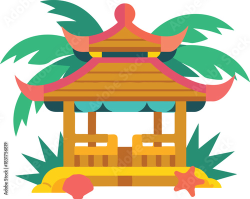 Vibrant vector illustration of a tropical beach gazebo with an Asian roof, palm fronds, and seashells.