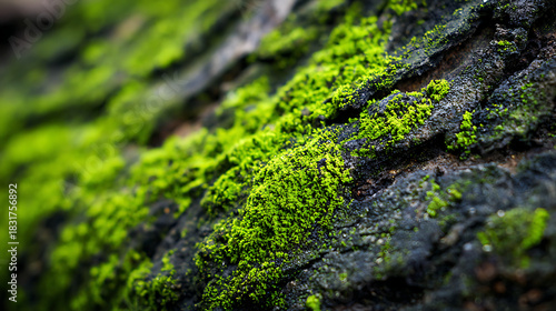 Macro close-up of bright green moss growing on dark textured tree bark in forest