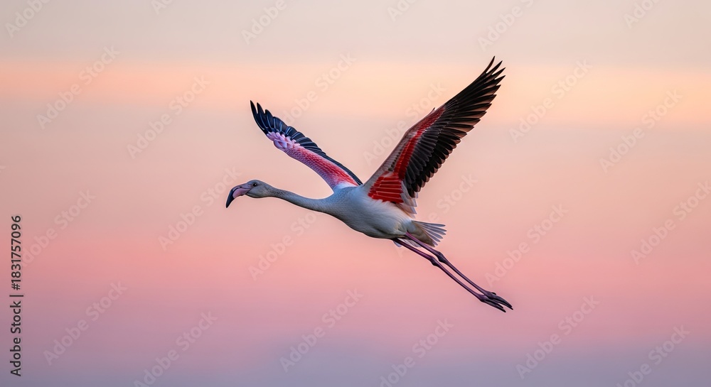 Obraz premium Flamingo soaring gracefully against a backdrop of soft pastel colors at twilight
