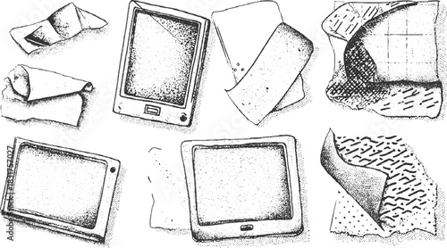 Hand drawn black and white sketches of crumpled paper and digital tablets device