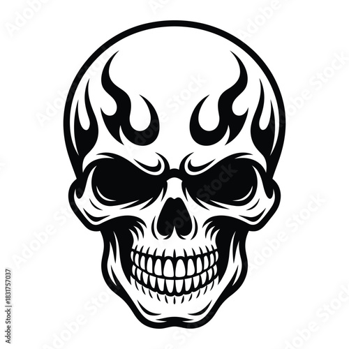 Black and white graphic illustration of a human skull with tribal flame design elements around the cranium