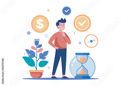 Man making choice between money and time. Person thinking about question of good investment flat vector illustration logo creative icon on white background