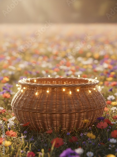Woven Basket with Fairy Lights in Wildflower Field at Sunset