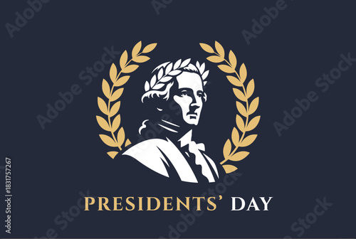 Elegant vector emblem with a classic profile silhouette framed by laurel leaves for Presidents Day.
