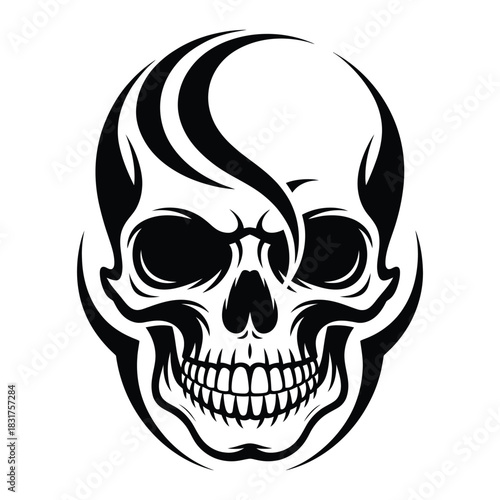 Tribal style human skull graphic design featuring bold black lines and stylized flamelike hair element for tattoo or emblem concept