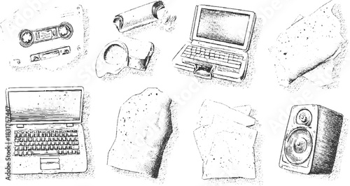 Black and white sketch of vintage audio cassette laptop speaker and rolled paper tape technology