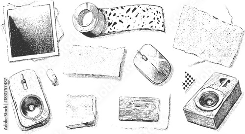Black and white sketch of office supplies and electronic devices scattered on a white background drawing