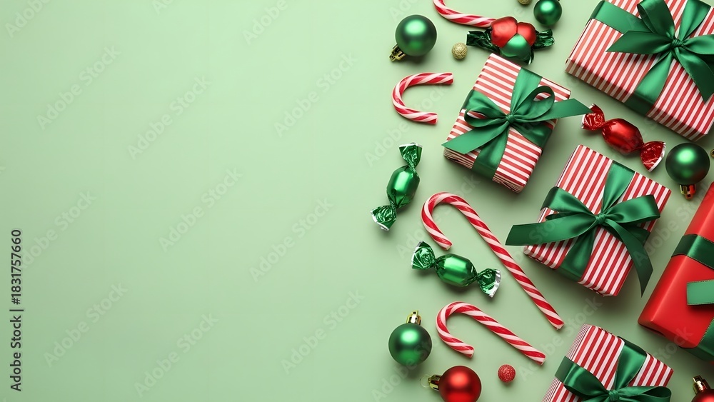 Obraz premium Festive christmas gifts and decorations on a green background