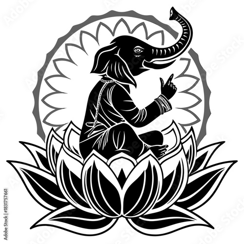 A black-and-white illustration of an elephant-headed figure sitting on a lotus. The figure has four arms, holding lotus flowers, with one hand raised in a blessing gesture. The design is bold.