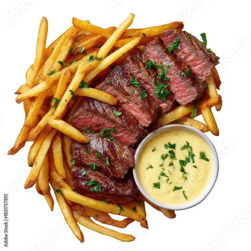 Delicious classic steak frites meal with sliced grilled beef, golden french fry, and savory bearnaise sauce top view