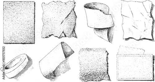 Collection of eight black and white ink drawings of torn and crumpled paper textures and rolled paper