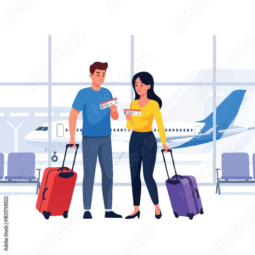 Illustration of a man and woman with luggage and boarding passes at an airport terminal with a large airplane in the background.