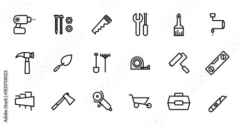 Construction tools line icon set. Features axe, roller, saw, wrench, brush, hand drill, level, trowel, shovel, tape measure, screws, hammer, electric drill, grinder, wheelbarrow, toolbox and knife.