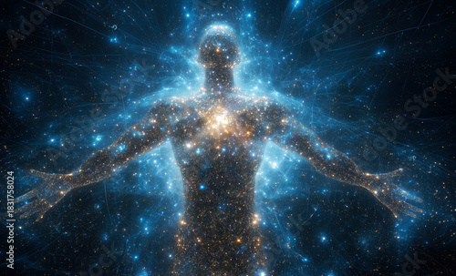 Silhouette of human in stars background. Meditation and Psychology. Starry space landscape. Research of Universe and Astrology. Success and motivation. Created with generative AI