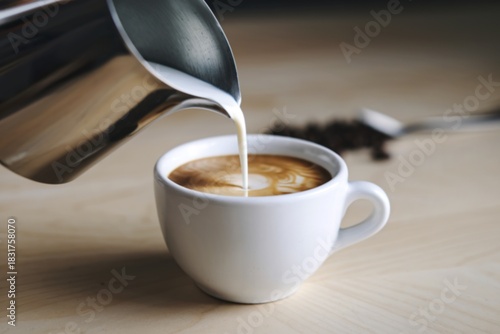 A photo of pouring milk into a glass of coffee