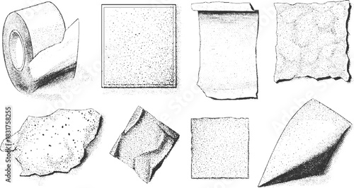 Black and white illustration of a roll of tape and various textured paper scraps adhesive sticky