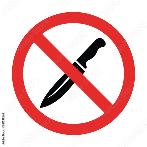 Prohibition sign showing a black silhouette of a knife crossed out with a red circle and diagonal line